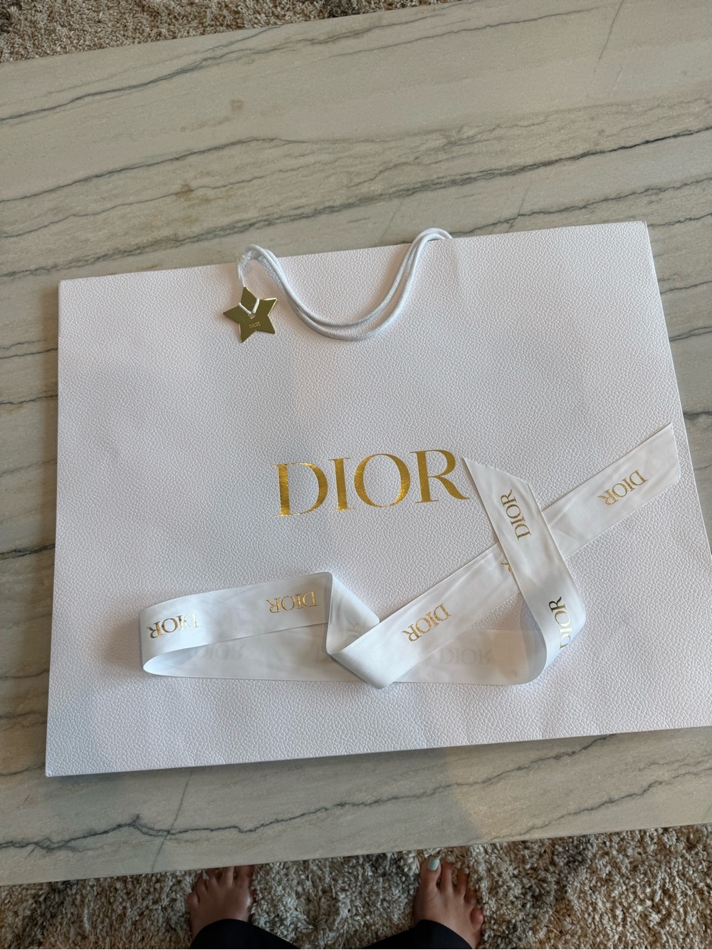 Dior XL White Shopping Bag, Branded Ribbon, and Metallic Star Charm